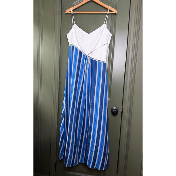 NWT Gul Hurgel Tuckernuck White & Blue Stripe Linen Maxi Resort Dress Medium - Picture 2 of 8